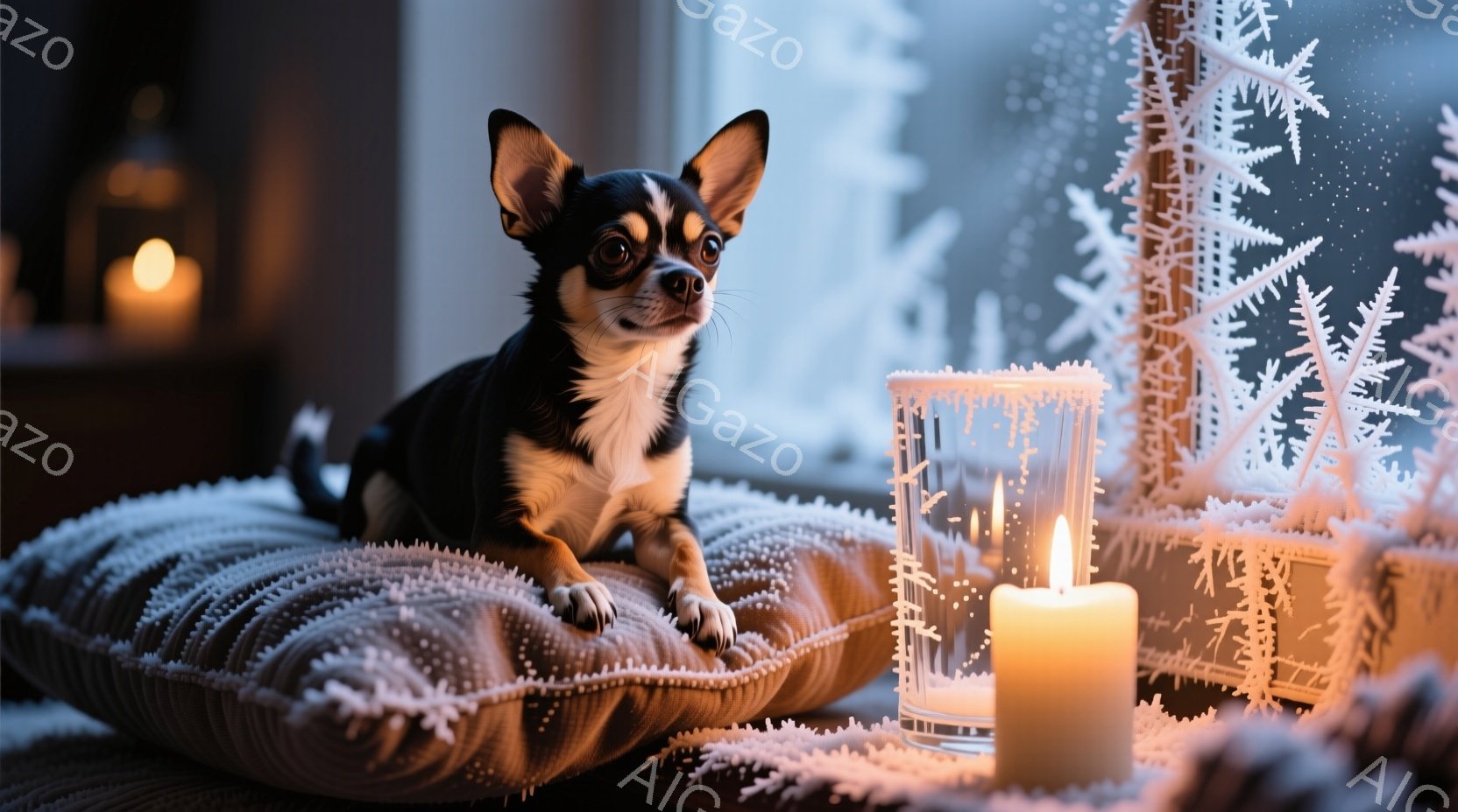 黒と白のチワワが、柔らかいオレンジ色のクッションの上に座ってこちらを見ている。背景には、霜で覆われた模様の入ったガラスと、温かい光を放つキャンドルが置かれている。全体的に、穏やかで冬の温かい雰囲気が漂っている。
