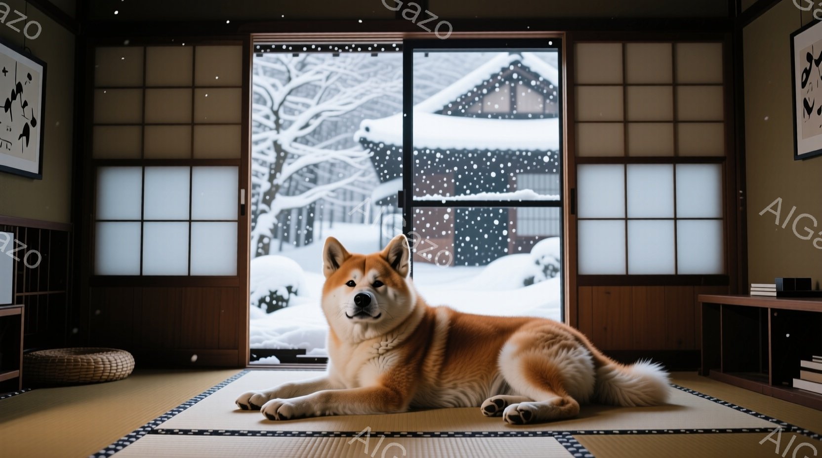 畳の上に秋田犬が横たわっており、リラックスした様子で正面を見ている。背景には雪景色が広がり、障子を通して見ると、雪に覆われた木々と家屋がぼんやりと見える。室内は落ち着いた雰囲気で、日本の伝統的な部屋の - AI生成フリー素材