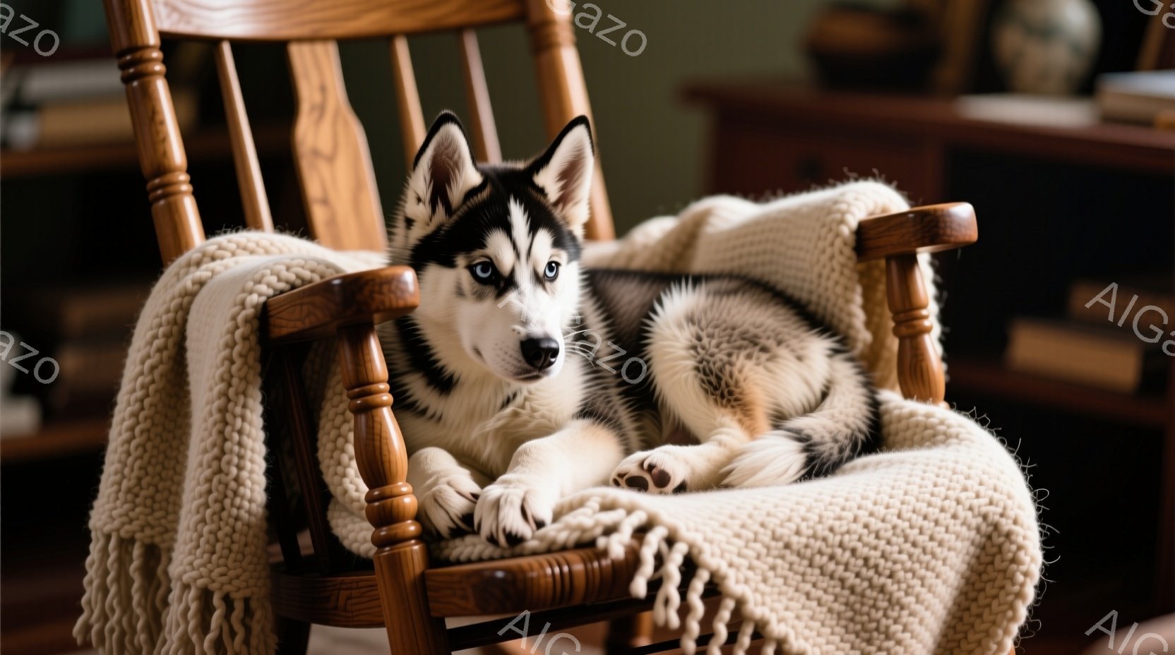 鮮やかな青い目を持ち、黒と白の毛並みを持つシベリアンハスキーの子犬が、木のロッキングチェアにゆったりと横たわっています。子犬はリラックスした表情で、フリンジのついたベージュ色のブランケットに包まれてい - AI生成フリー素材
