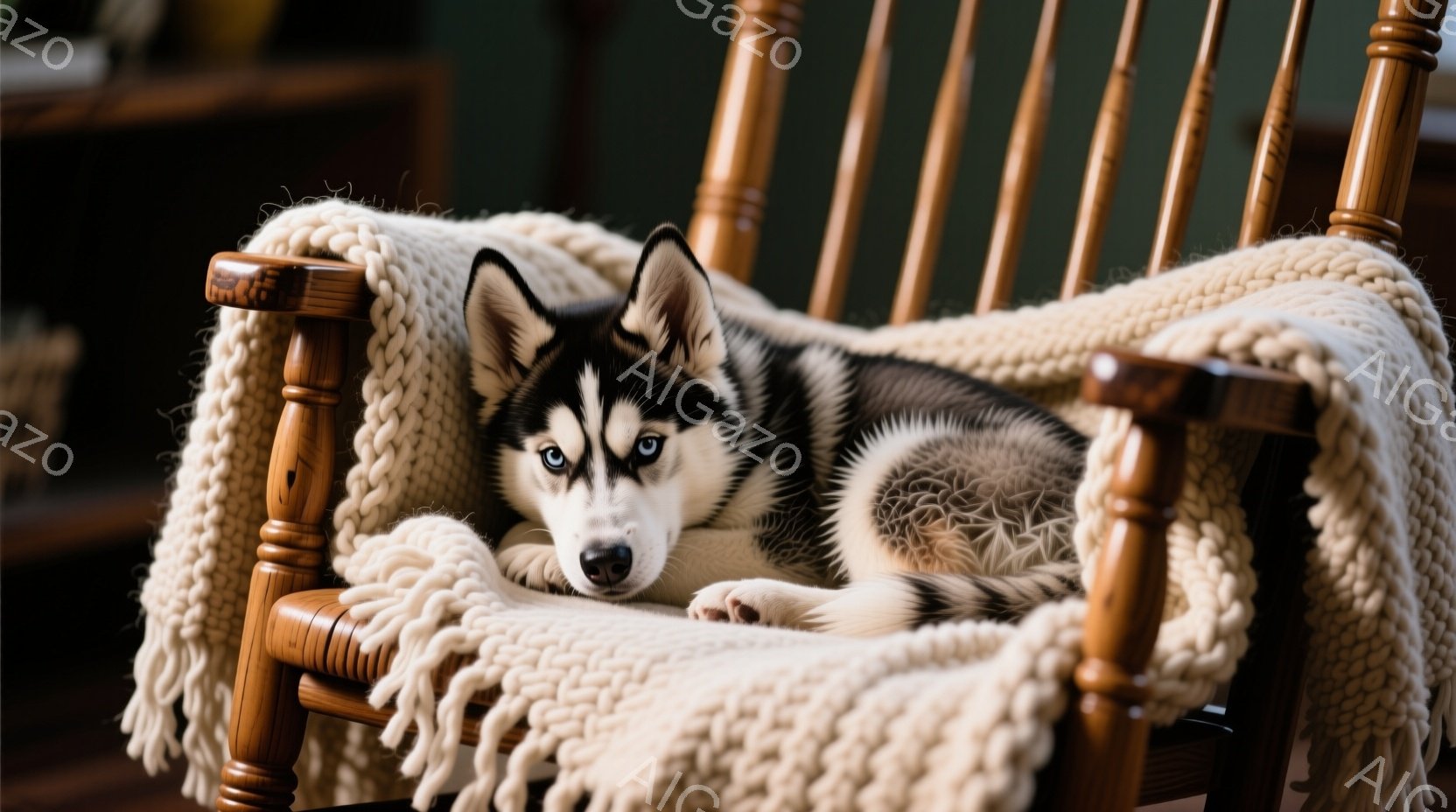 暖炉のある部屋で、シベリアンハスキーが木のロッキングチェアに丸まって横たわっています。犬は青い目をしており、リラックスした表情で、クリーム色のざっくりとした編み物のブランケットに包まれています。背景に - AI生成フリー素材