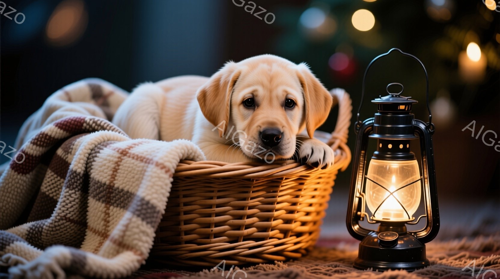 小さなゴールデンレトリバーの子犬が、チェック柄のブランケットと籐のバスケットの中で丸まって眠っています。背景にはぼやけたクリスマスツリーと、温かい光を放つランタンが見え、穏やかでリラックスした雰囲気を - AI生成フリー素材
