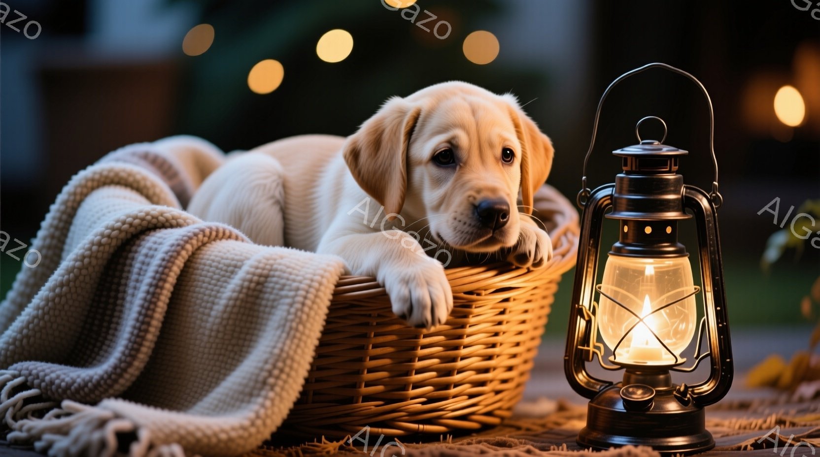 小さなゴールデンレトリバーの子犬が、織られたバスケットの中に寄り添うようにして横たわっています。子犬は優しい表情で、毛並みの良い体に柔らかい毛布が巻かれています。背景にはぼやけた自然の風景と、暖かく輝くランタンがあり、全体的に穏やかで心地よい雰囲気を醸し出しています。