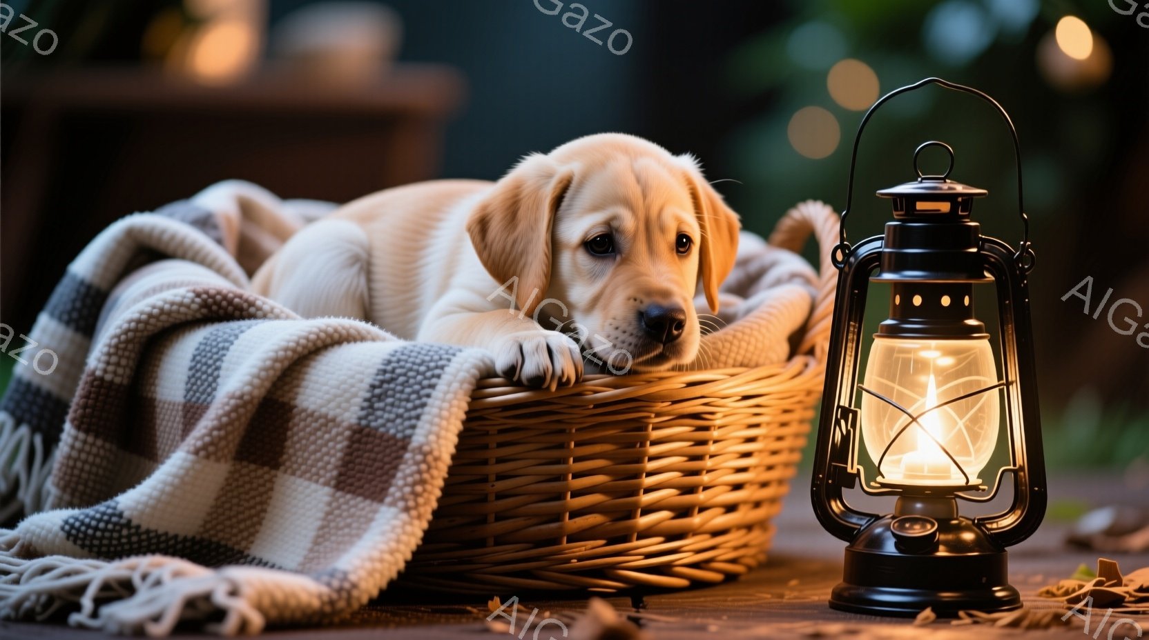 柔らかい毛並みのゴールデンレトリバーの子犬が、格子柄のブランケットが敷かれたバスケットの中で丸まって眠っています。子犬は穏やかな表情で、前足を伸ばしてリラックスした様子です。背景にはぼやけた木製のテー - AI生成フリー素材