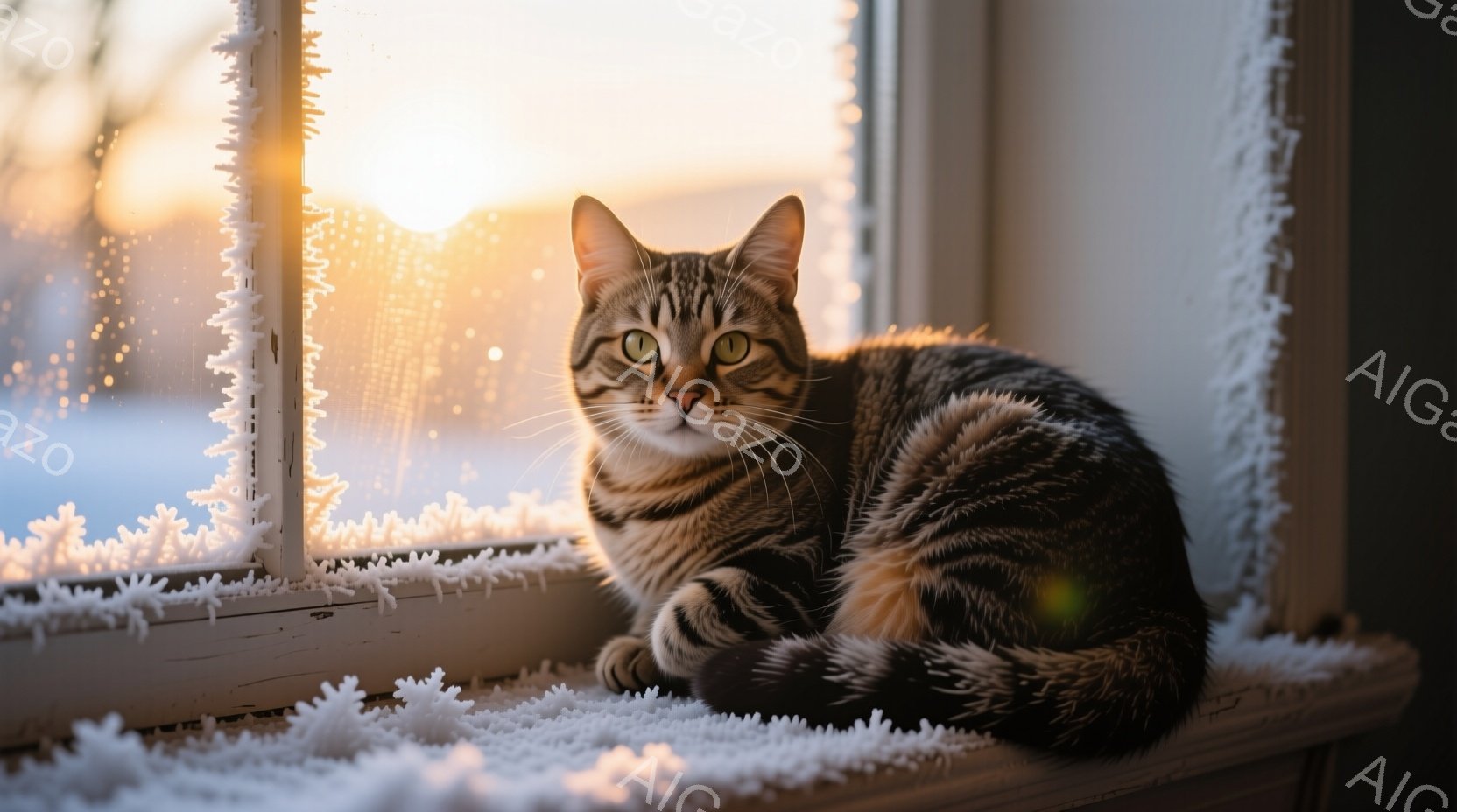 縞模様の猫が、霜で覆われた窓枠に座ってこちらを見つめている。夕焼けのようなオレンジ色の光が窓から差し込み、猫の毛並みと窓枠の霜の白さを際立たせている。猫はリラックスした姿勢で、穏やかな表情をしている。 - AI生成フリー素材