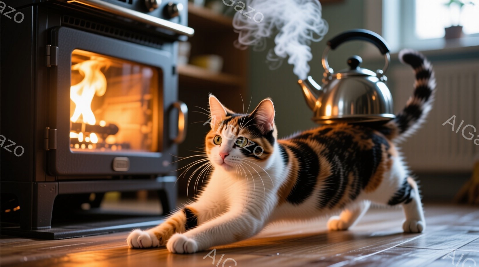 白と黒のまだら模様の猫が、暖炉の前にうずくまり、前足を伸ばして遊んでいます。暖炉からは炎が燃え盛り、背景には湯気を上げるケトルが置かれています。木製の床と暖炉の光が、猫の毛並みを照らし、暖かく穏やかな - AI生成フリー素材