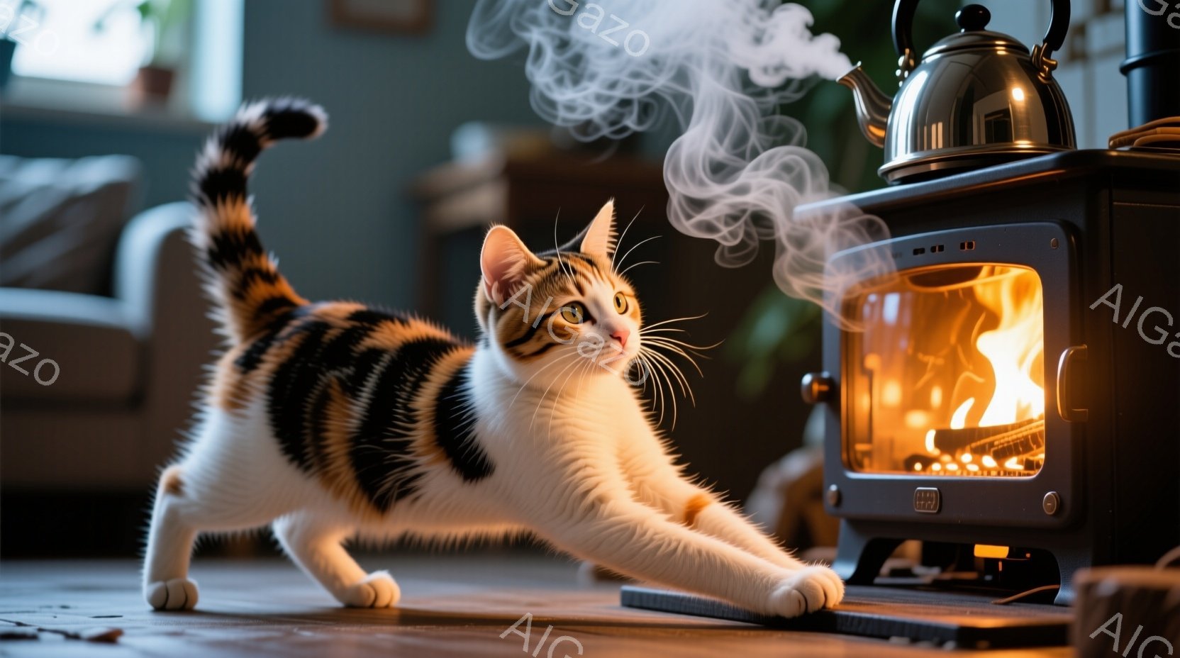 白と黒の縞模様の猫が、暖炉の前に伸びをして体を伸ばしています。暖炉からは炎が燃え盛り、その上には湯気が立ち上るケトルが置かれています。背景にはぼんやりとソファが見え、全体的に暖かく、リラックスした雰囲気です。