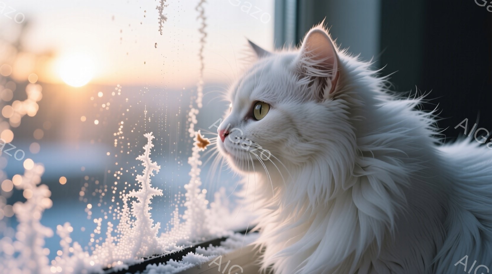 白い長毛の猫が窓辺に寄りかかっており、外の景色を眺めている。窓ガラスには霜が降りており、背景には夕焼けのような暖かな光が差し込んでいる。猫は静かで穏やかな表情をしており、冬の日の暖かな光景が感じられる - AI生成フリー素材