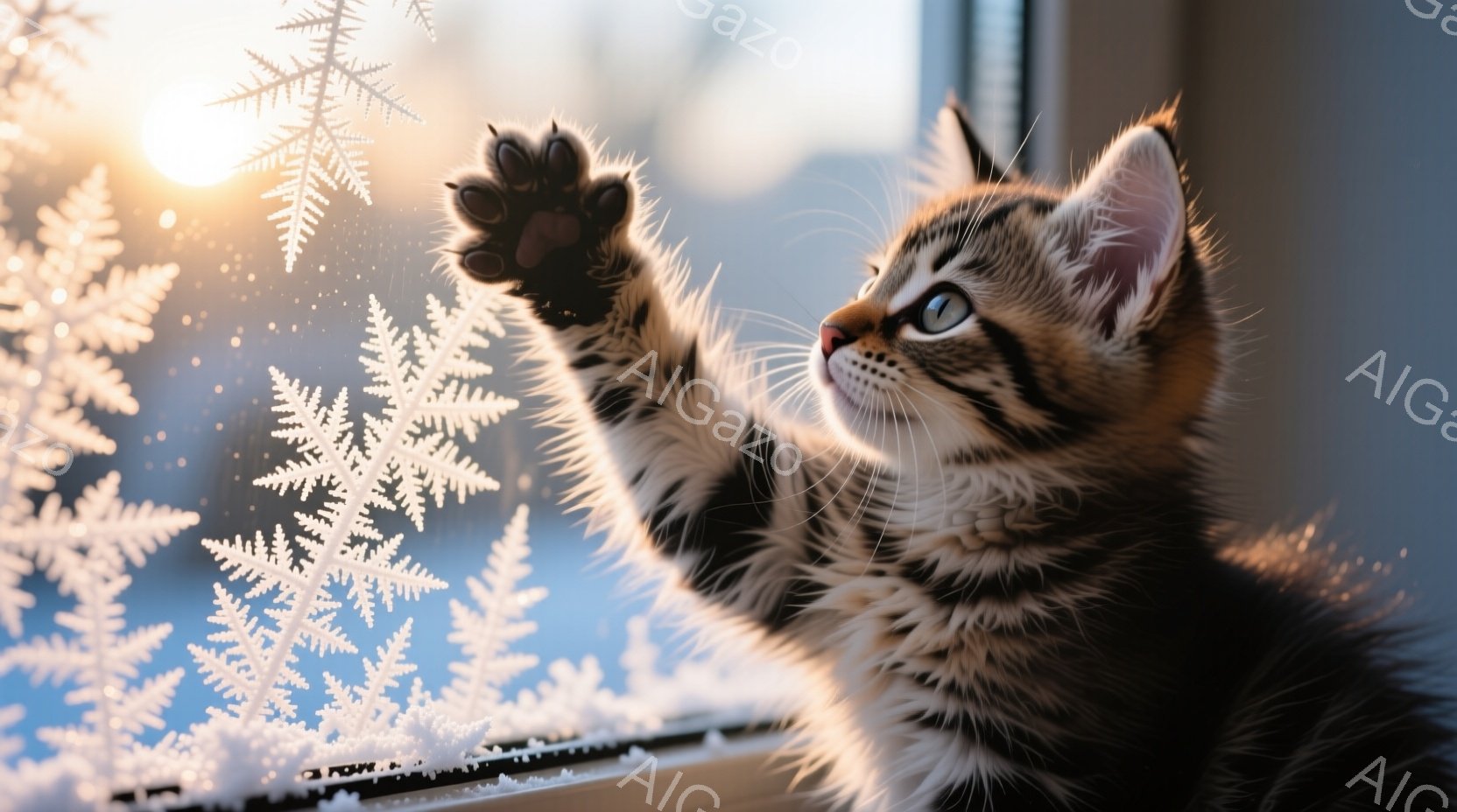 小さな子猫が窓辺で雪片に手を伸ばしています。茶色と黒の縞模様の毛並みで、大きな瞳はどこかを見つめています。窓の外には雪景色が広がり、薄暗い冬の日の穏やかな雰囲気が漂っています。 - AI生成フリー素材