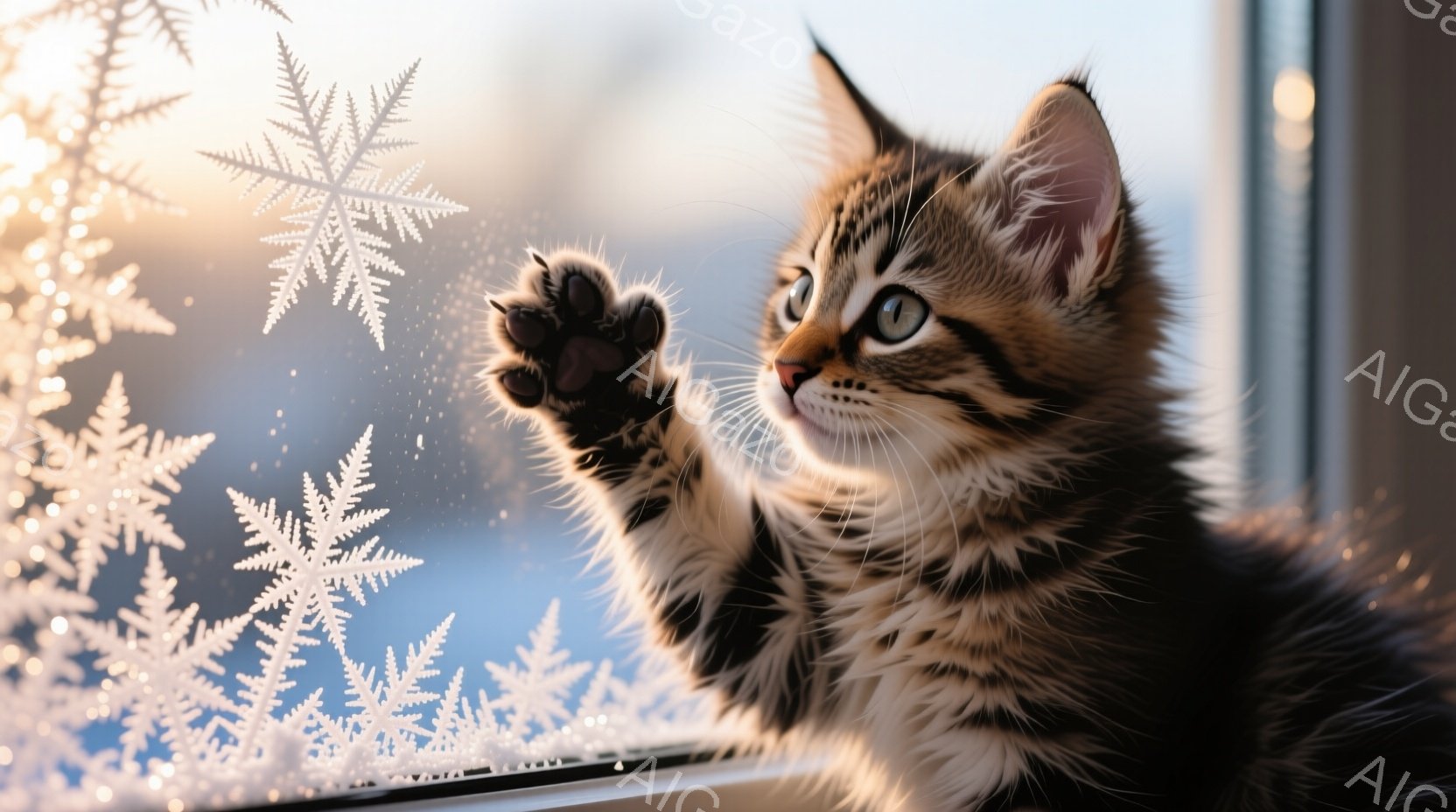 縞模様のキティが窓のステッカーに手を伸ばしています。その目は大きく、好奇心と遊び心に満ちています。背景はぼやけた冬の風景で、雪片が舞い降りる様子がうかがえ、暖かく、夢のような雰囲気を醸し出しています。