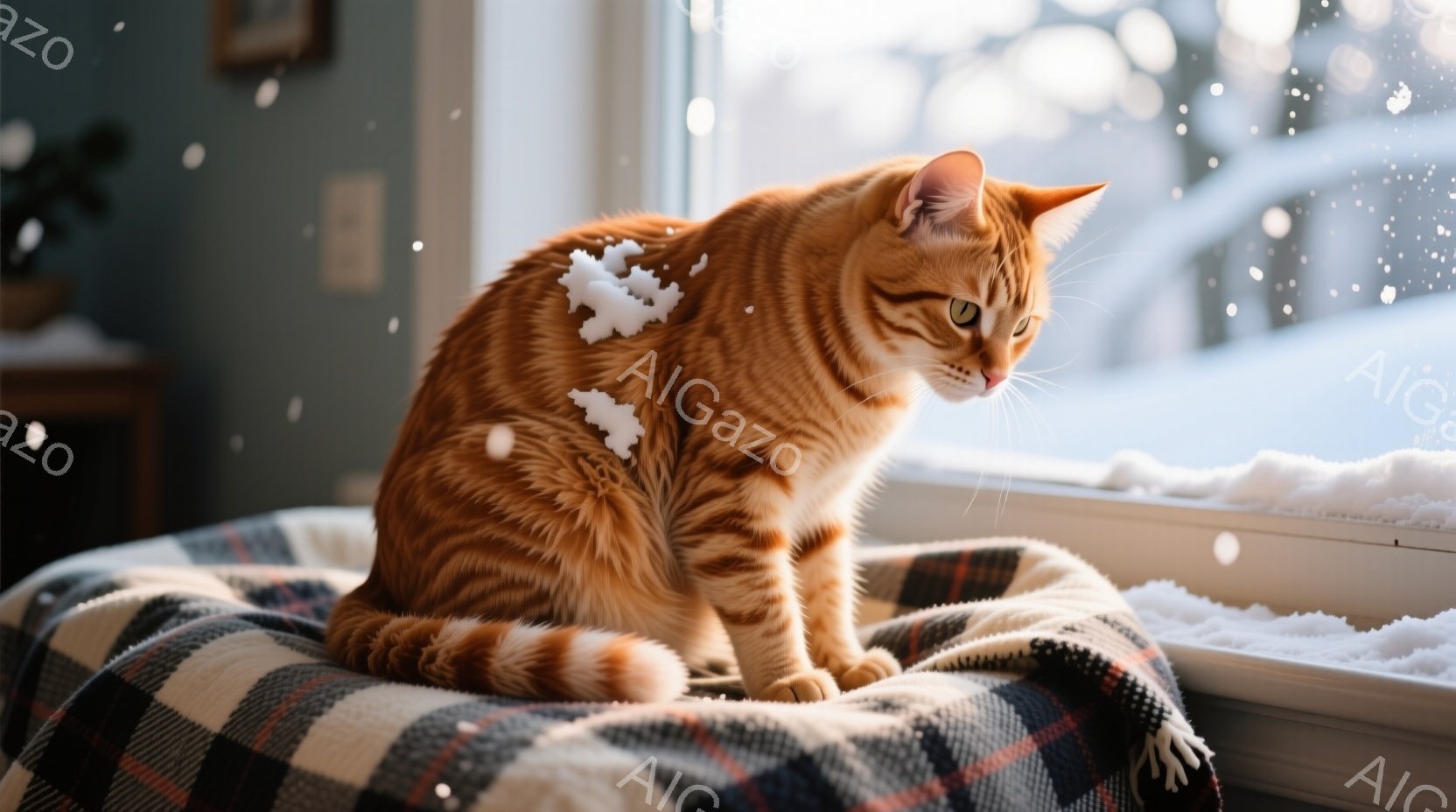 オレンジ色の縞模様の猫が窓辺の敷物の上に座って外を眺めています。雪が降っており、窓ガラスに雪が付着しています。暖かく居心地の良い雰囲気で、猫はリラックスした様子で冬の景色を楽しんでいます。 - AI生成フリー素材