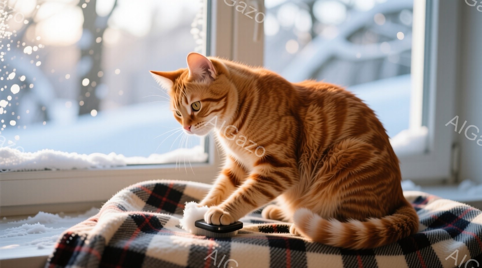 鮮やかなオレンジ色の毛並みの猫が、チェック柄のブランケットの上に座り、前足でブラシを軽く押さえています。背景には雪景色が広がり、窓の外は真っ白な雪に覆われています。猫はリラックスした表情で、冬の暖かな室内で穏やかな時間を過ごしている様子が伺えます。