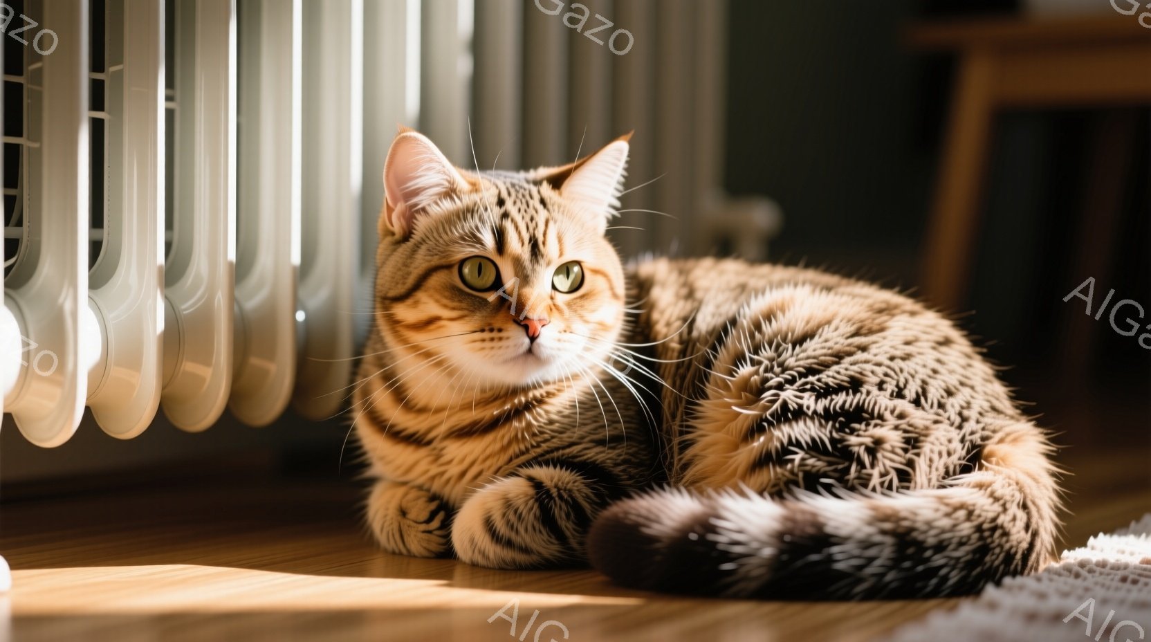 縞模様の猫が明るい木の床に横たわっており、リラックスした様子で前方をじっと見つめています。背景には白いラジエーターと、ぼんやりと見える家具の一部があり、室内であることがわかります。全体的に温かく、穏やかな雰囲気で、猫の柔らかな毛並みが強調されています。