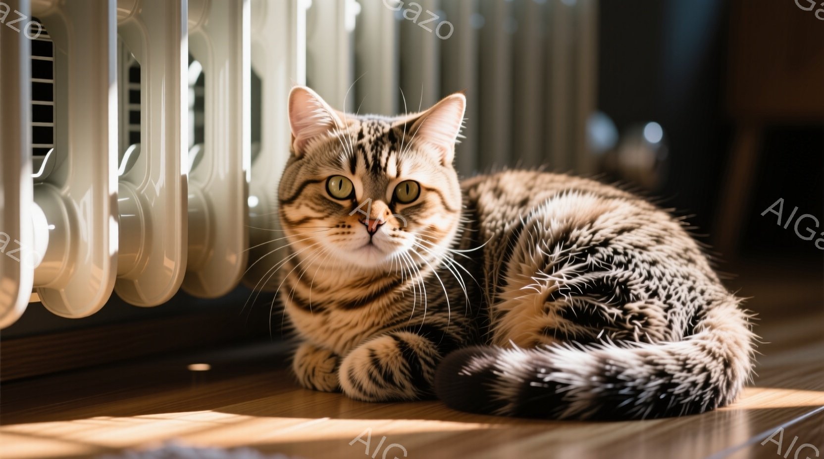 縞模様の猫が木の床に横たわっており、リラックスした表情で正面を見つめている。背景には白いラジエーターが見え、床には太陽光が差し込み、暖かく穏やかな雰囲気を醸し出している。猫の毛並みは美しく、全体的に落ち着いた色調で統一されている。