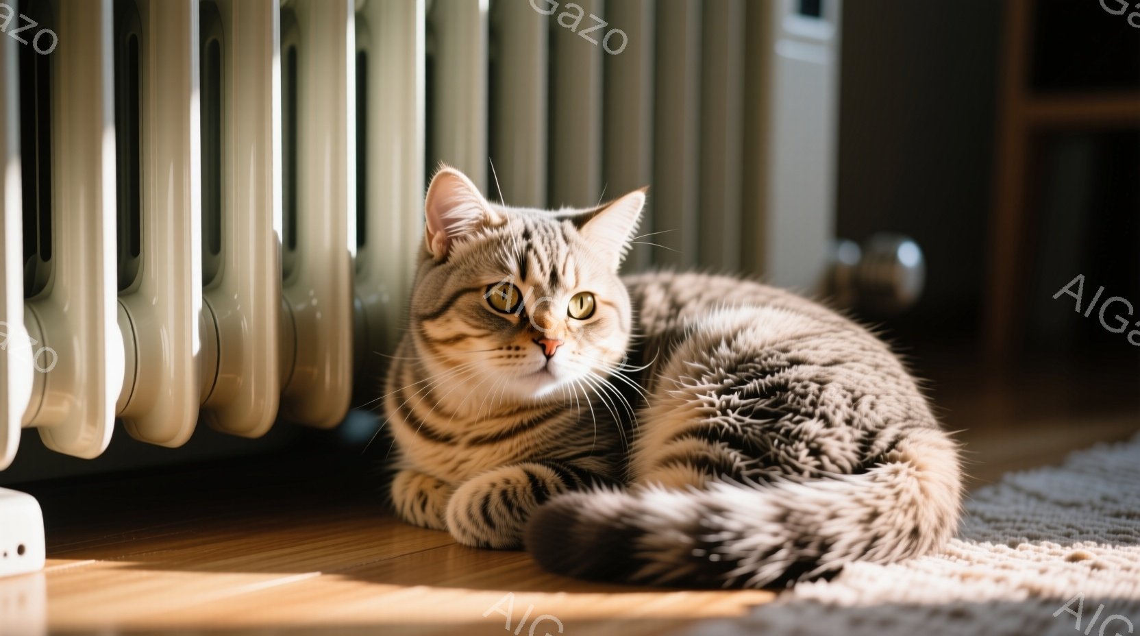 縞模様の猫がフローリングの上に丸まって座っており、リラックスした表情でこちらを見ている。背景には白いラジエーターと、ぼやけた木製の家具が見え、暖かく穏やかな室内空間を表現している。光が猫の毛並みを照らし、柔らかな雰囲気を醸し出している。