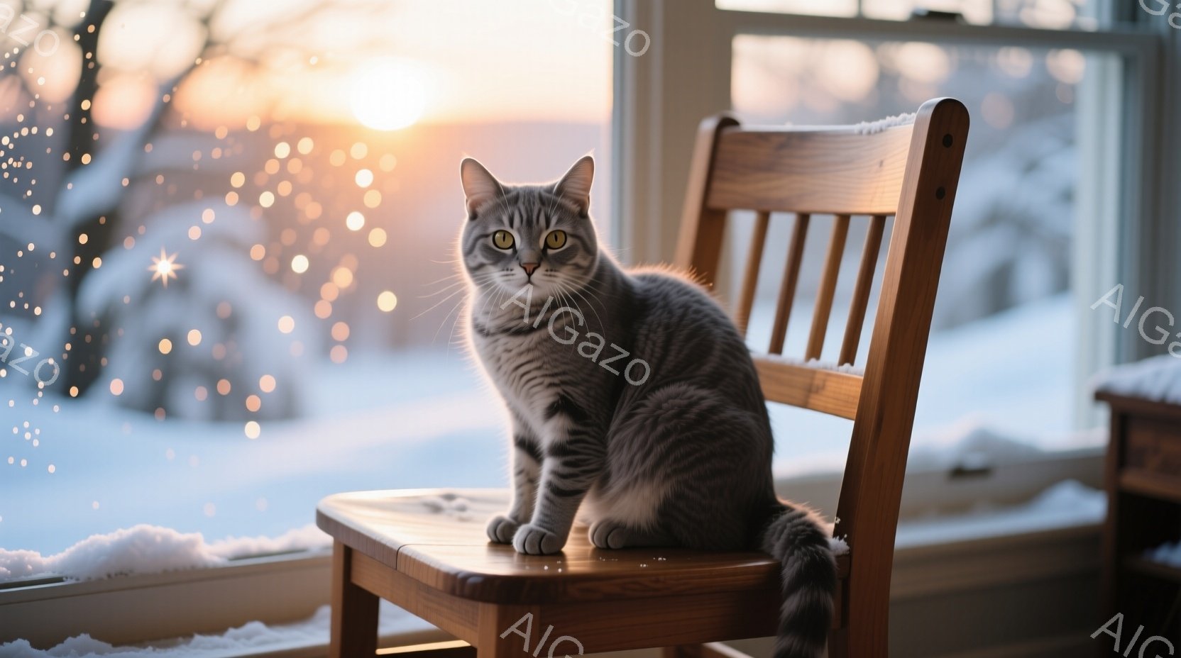 灰色の縞模様の猫が、木製の椅子に座って正面を見つめている。窓の外には雪景色が広がり、夕焼けのような光が差し込んでいる。温かく穏やかな雰囲気で、猫はリラックスした姿勢で、静かに冬の景色を眺めているようだ - AI生成フリー素材