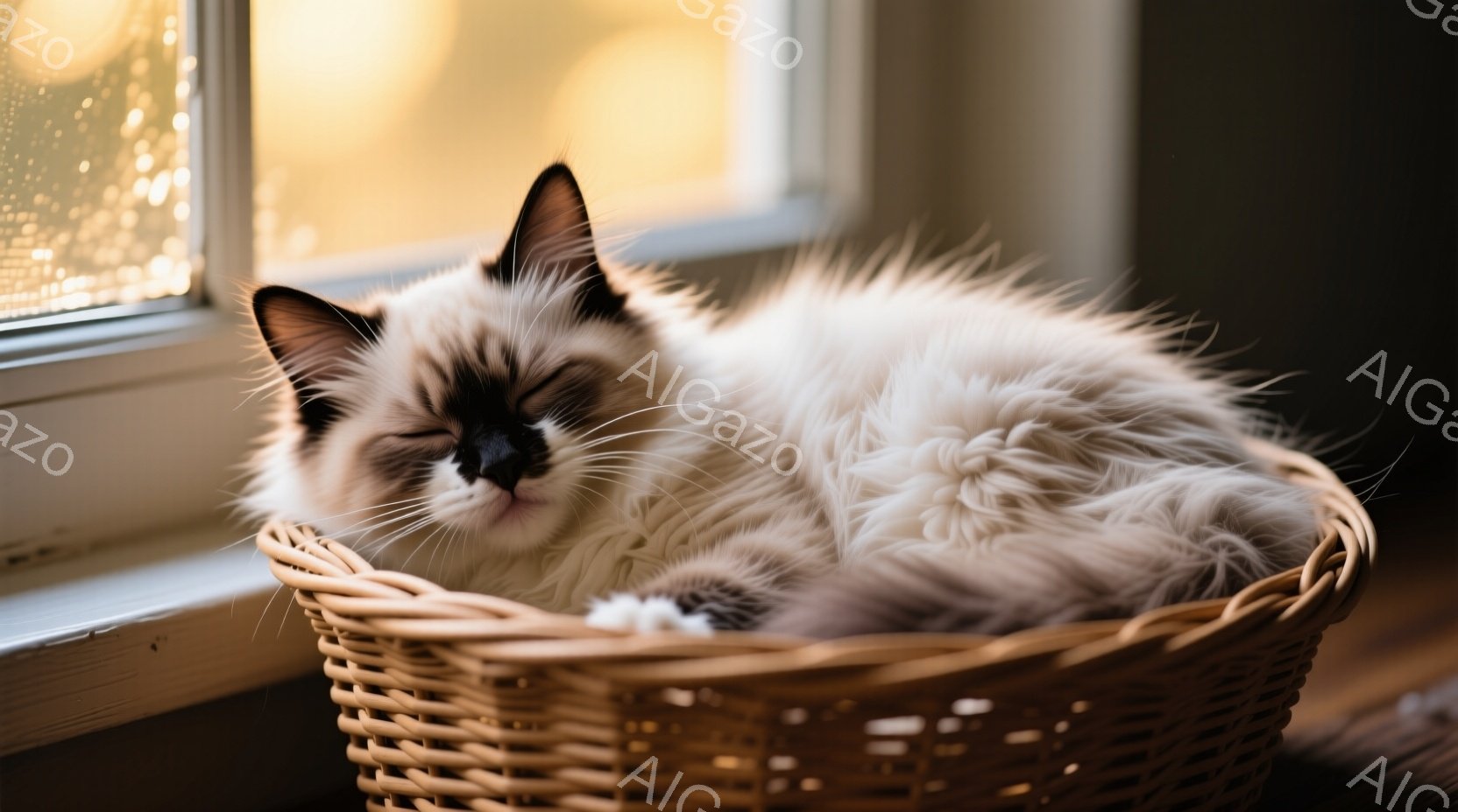 白くてふわふわとしたラグドール猫が、編まれたバスケットの中に丸まって眠っています。猫の毛並みは柔らかく、顔は穏やかな表情をしています。窓の外にはぼやけた光が見え、室内は暖かく穏やかな雰囲気が漂っています。