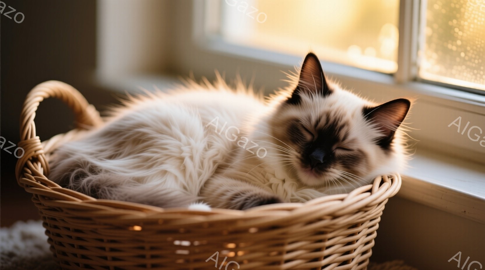白い毛並みのシャム猫が、編み込みのバスケットの中で丸まって眠っています。猫は目を閉じ、穏やかで平和な表情をしています。背景には窓があり、柔らかい自然光が差し込み、全体的に温かくリラックスした雰囲気を作り出しています。