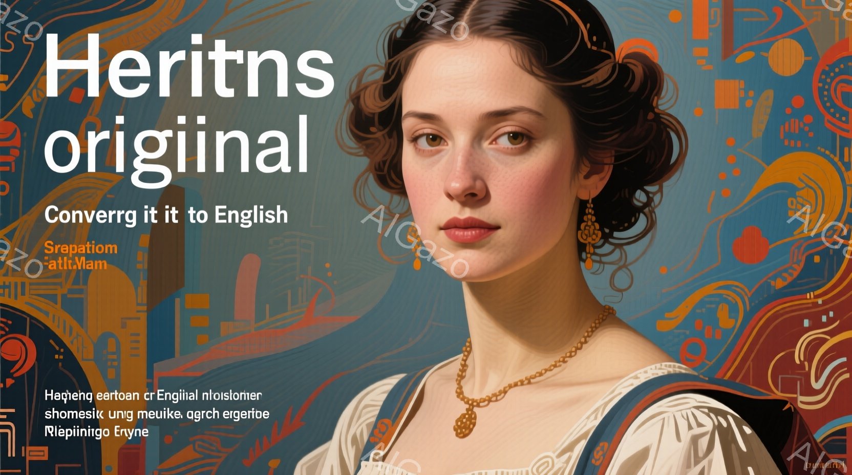 肖像画は、薄茶色のドレスに身を包んだ女性を捉えており、金色の刺繍が施された赤いリボンが胸元を飾り、肩には金色のビーズの装飾が施されている。彼女は髪を複雑なカールでまとめ上げ、憂いを帯びた表情で正面を見据えている。背景には、複雑な模様と、遠くに見える都市の建物が描かれ、全体的に精巧でクラシカルな雰囲気を醸し出している。