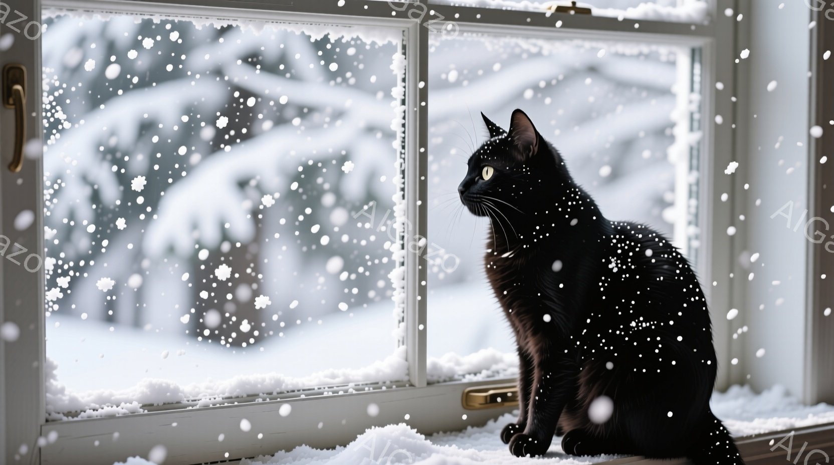 黒猫が雪の降る窓辺に座り、外を眺めています。窓枠には雪が積もり、背景には雪に覆われた木々が見え、静かで穏やかな冬の雰囲気が漂っています。猫の毛並みは艶やかで、その姿は優雅で、どこか物憂げな表情を浮かべています。