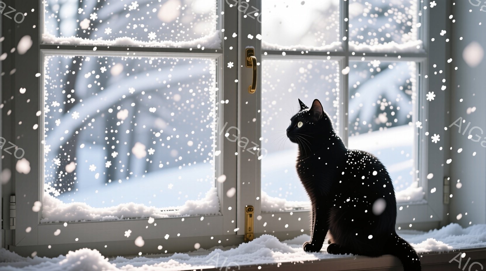 黒猫が雪の降る窓辺に座り、外を見つめている。窓枠には雪が積もり、背景には白い雪景色が広がり、静かで穏やかな冬の雰囲気が漂う。猫の毛並みは艶やかで、窓の外の景色に興味津々な表情をしている。