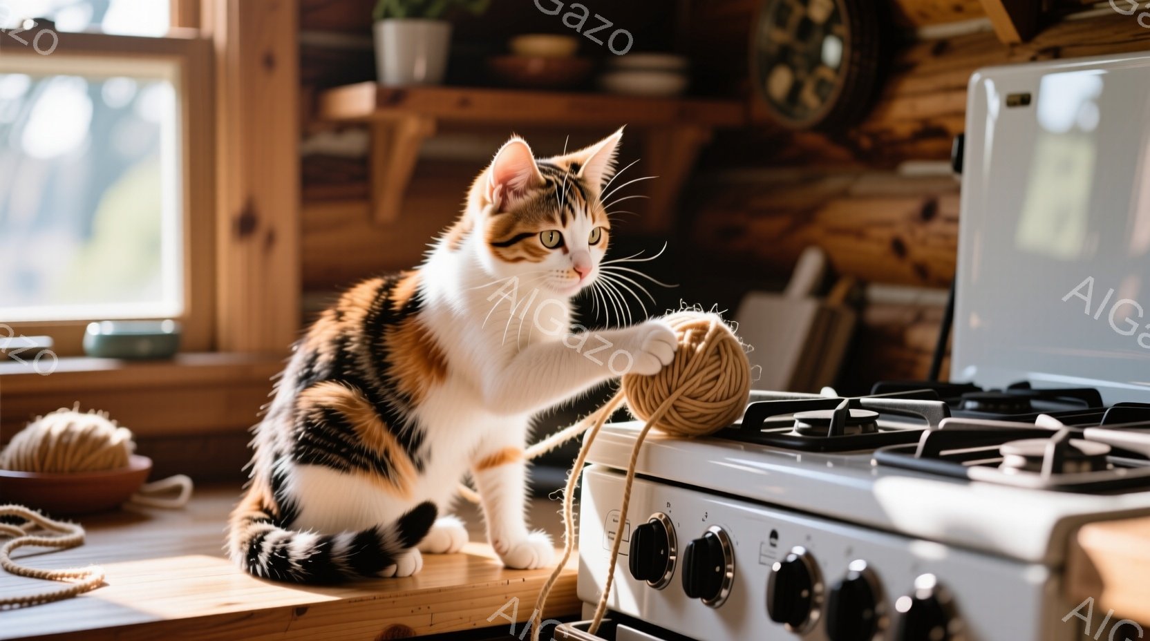 白と茶色のまだら模様の猫が、キッチンカウンターのガスレンジの上で毛糸玉と戯れています。猫は前足を伸ばして毛糸玉を軽く叩き、好奇心旺盛な表情でこちらを見つめています。木製の壁や棚、そして窓から差し込む暖かい光が、居心地の良い、穏やかな雰囲気を醸し出しています。