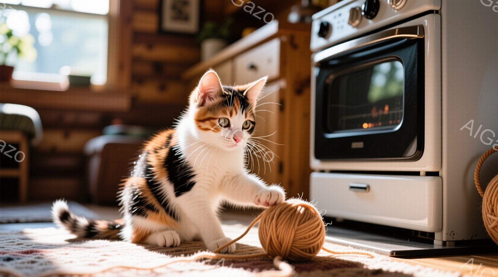 白とオレンジと黒の毛並みを持つ子猫が、明るい木の床の上で毛糸玉と戯れている様子が写っている。子猫は前足を伸ばし、遊び心に満ちた表情で毛糸に触れようとしている。背景には白いキッチンと窓から差し込む光があ - AI生成フリー素材