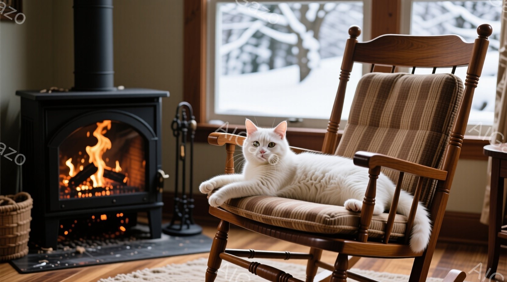 白い猫が、ベージュと茶色のストライプのクッションが張られたロッキングチェアにゆったりと横たわっている。暖炉の炎がオレンジ色に輝き、窓の外には雪景色が広がり、室内は暖かく、静かで、心地よい雰囲気に包まれ - AI生成フリー素材