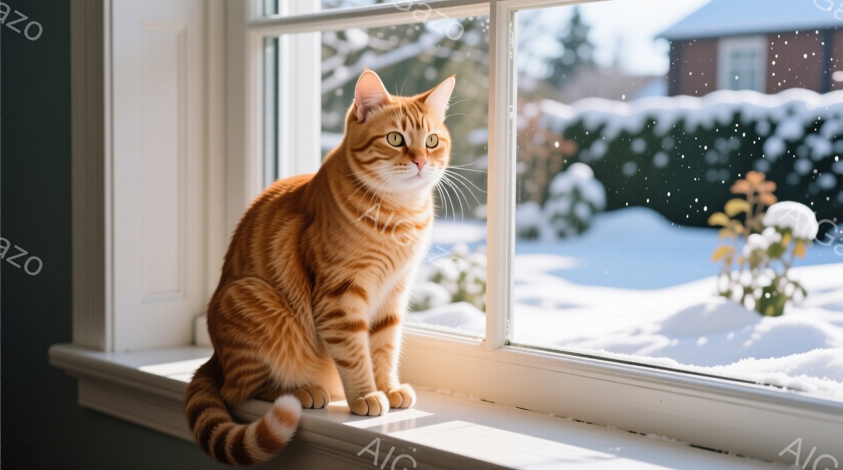 鮮やかなオレンジ色の縞模様の猫が窓枠に座り、外を眺めている。雪が降る庭と、白い雪に覆われた建物が見える背景は冬の景色で、猫はリラックスした姿勢で、わずかに前傾した興味津々な表情を浮かべている。 全体的に、暖かさと静けさの漂う、穏やかな冬の日の光景である。