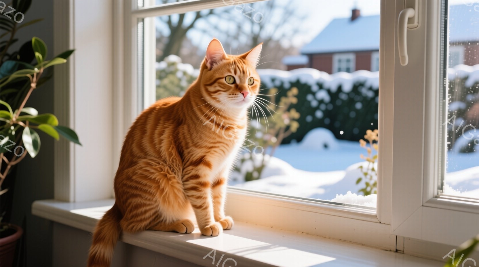 オレンジ色の縞模様の猫が窓辺に座り、外を眺めています。窓の外は雪景色で、建物や木々が白い雪に覆われています。室内は暖かく、猫はリラックスした様子で、穏やかな雰囲気が漂っています。 - AI生成フリー素材