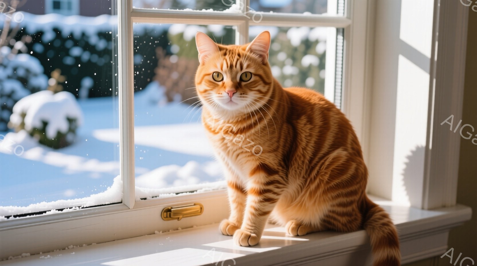 オレンジ色の縞模様の猫が窓枠に座り、外を見つめている。背景には雪景色が広がり、白い窓枠と暖かな日差しが猫を照らしている。全体的に穏やかで静かな冬の日の雰囲気が漂っている。 - AI生成フリー素材