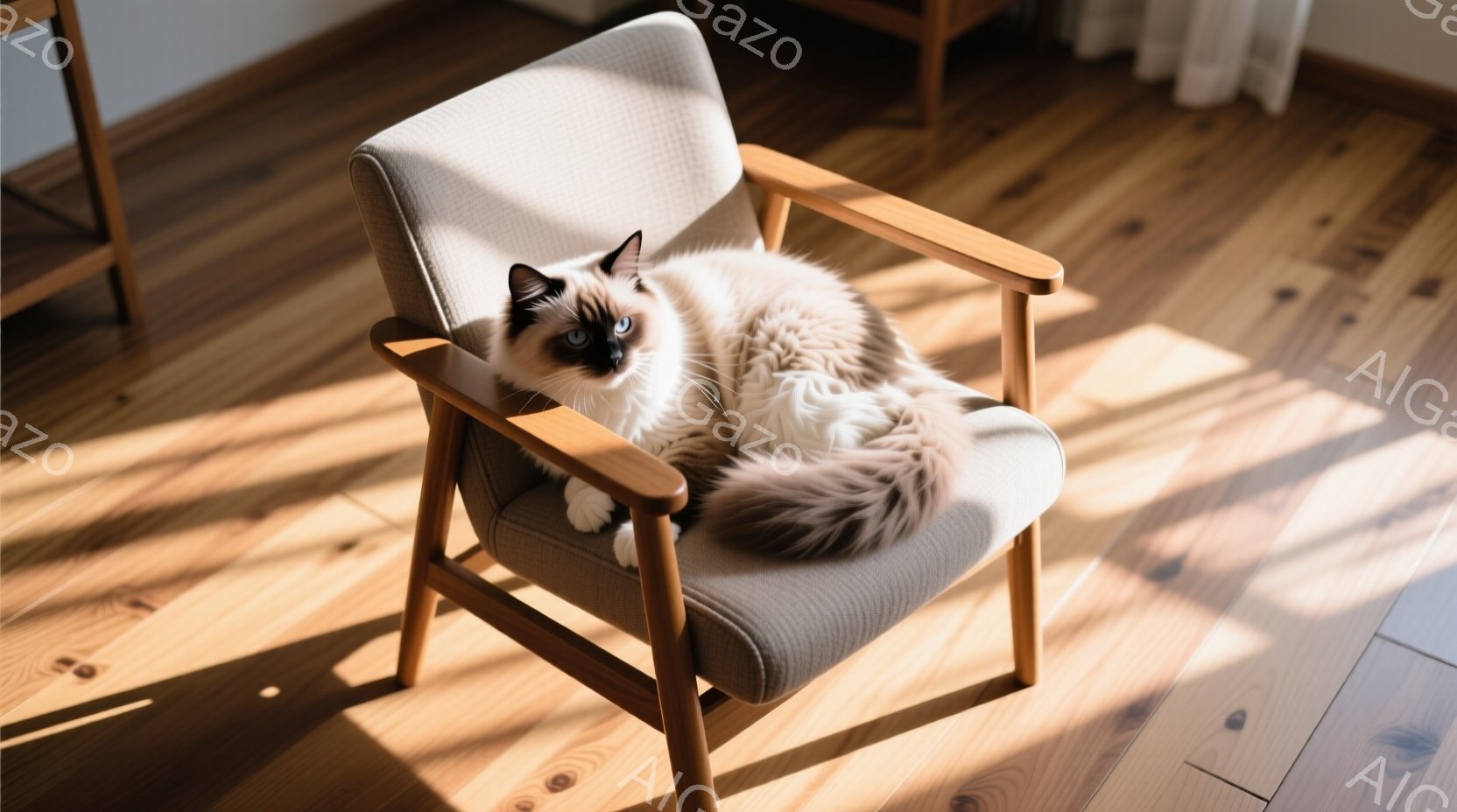 明るい木製の床に置かれた、アイボリー色の小さなアームチェアに、美しいシャム猫がゆったりと座っています。猫はブルーの瞳でこちらを見つめ、毛並みはふんわりとしており、リラックスした様子が伝わってきます。窓から差し込む光が床に模様を作り、穏やかで温かい雰囲気を醸し出しています。