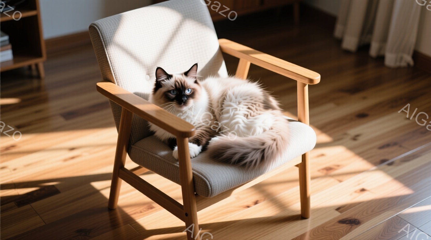 長毛のクリーム色の猫が、ベージュ色の布張りのアームチェアにゆったりと横たわっています。猫は正面を少し見上げ、落ち着いた表情で、まるでモデルのようにリラックスした姿勢です。木製の床に差し込む陽光が暖かく、部屋全体に穏やかな雰囲気を醸し出しています。