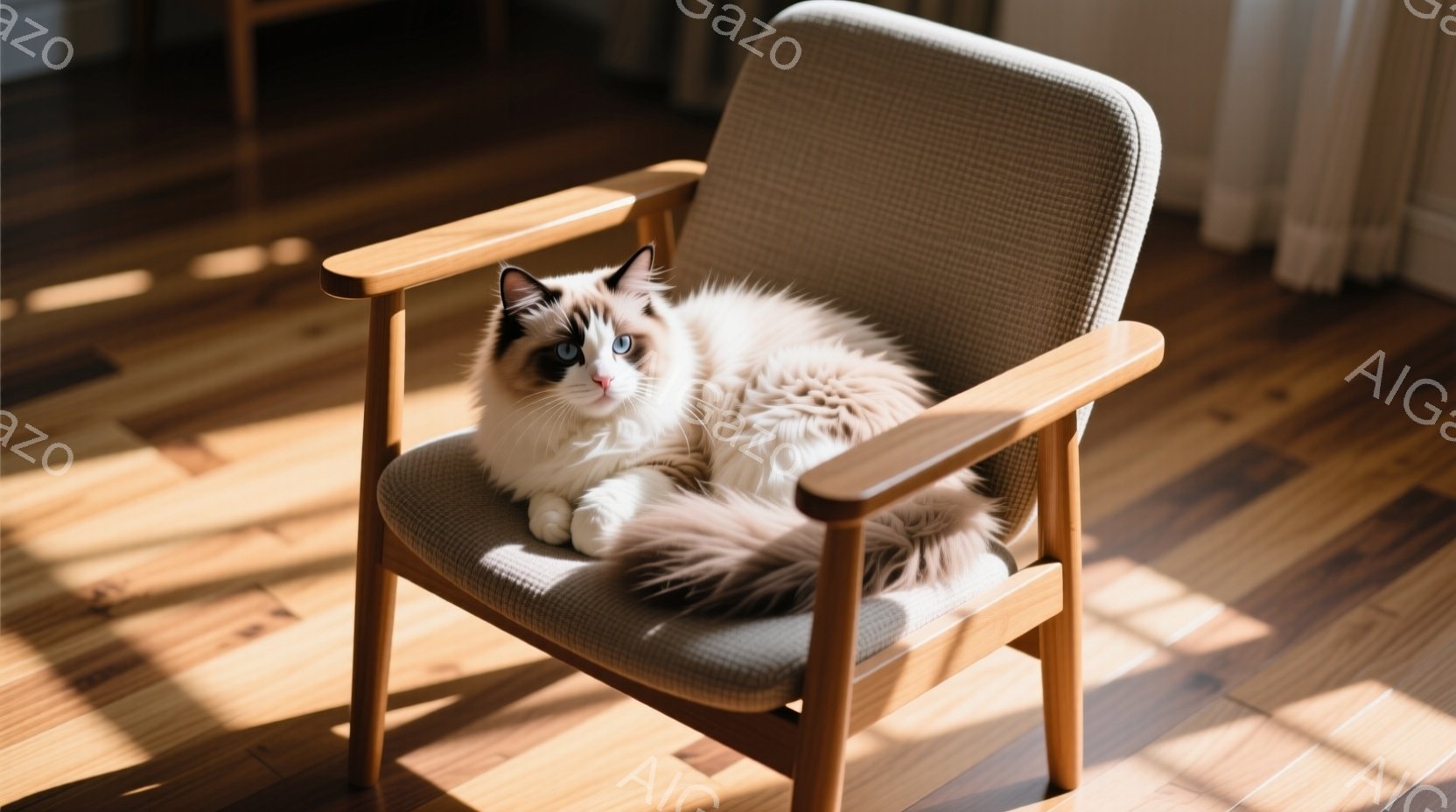 長毛の Ragdoll 猫が、明るい灰色の椅子にゆったりと座っている。その猫は、鮮やかな青い目と、クリーム色と茶色の柔らかな毛並みを持っている。木製の床に差し込む陽光が、猫と椅子のシルエットを際立たせ、穏やかで暖かい雰囲気を醸し出している。
