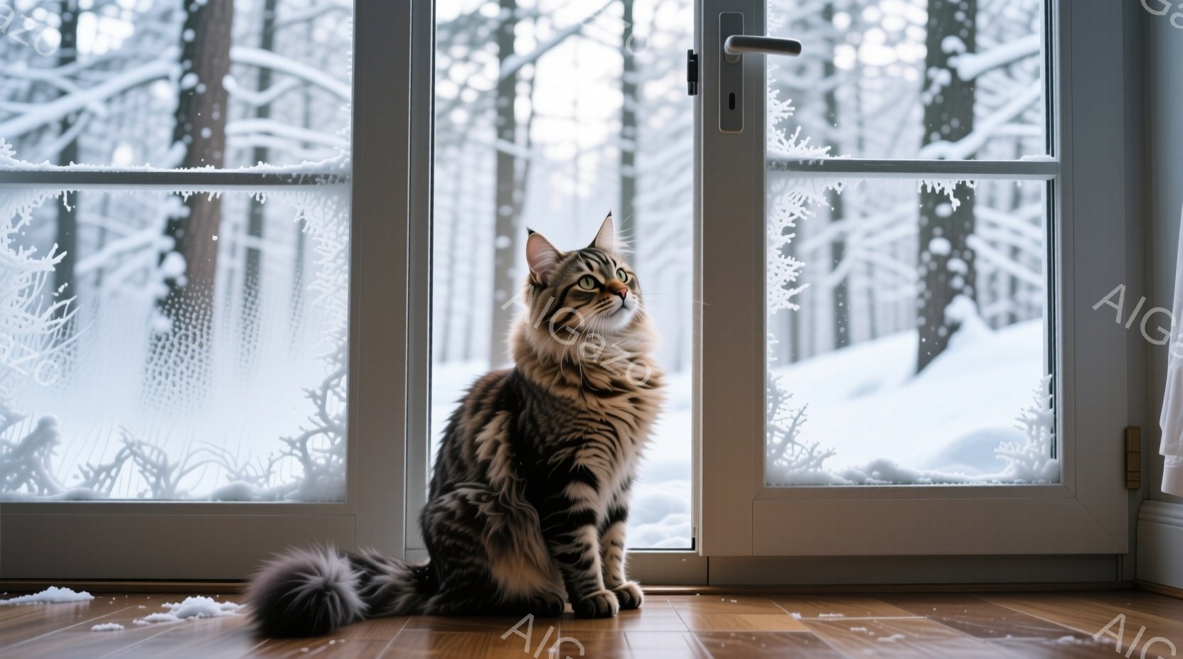 長毛の縞模様の猫が、窓の外の雪景色を眺めて座っています。窓ガラスには霜が降りており、背景は雪に覆われた木々で、冬の静寂な雰囲気が漂います。猫は落ち着いた様子で、木製の床に座り、日差しを浴びているように - AI生成フリー素材