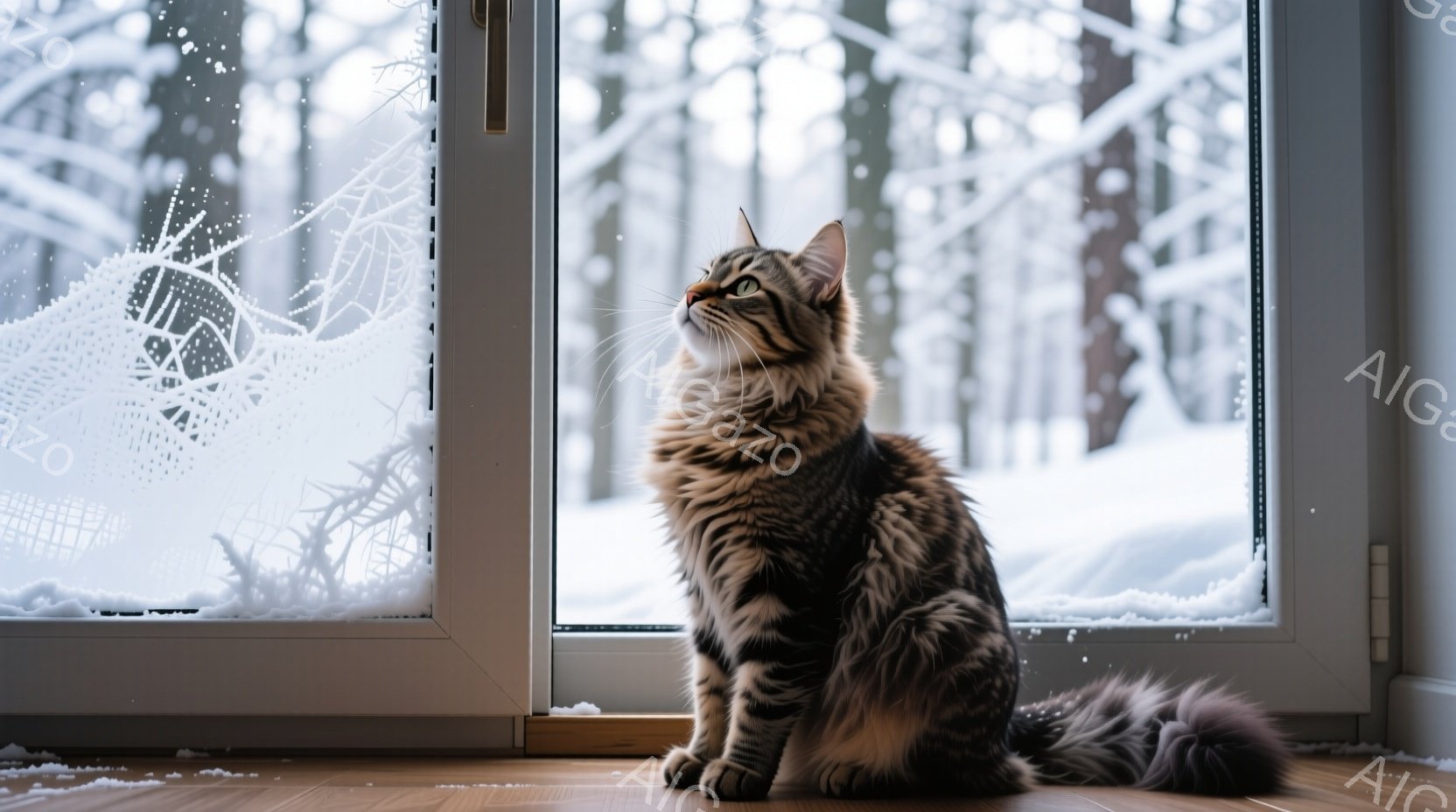 長毛の灰色と茶色の猫が、雪景色が見える大きな窓の前に座っています。猫は少し上を見上げており、その毛並みはふっくらとしていて、冬の暖かさを感じさせます。窓の外には雪に覆われた木々が広がり、静かで穏やかな - AI生成フリー素材
