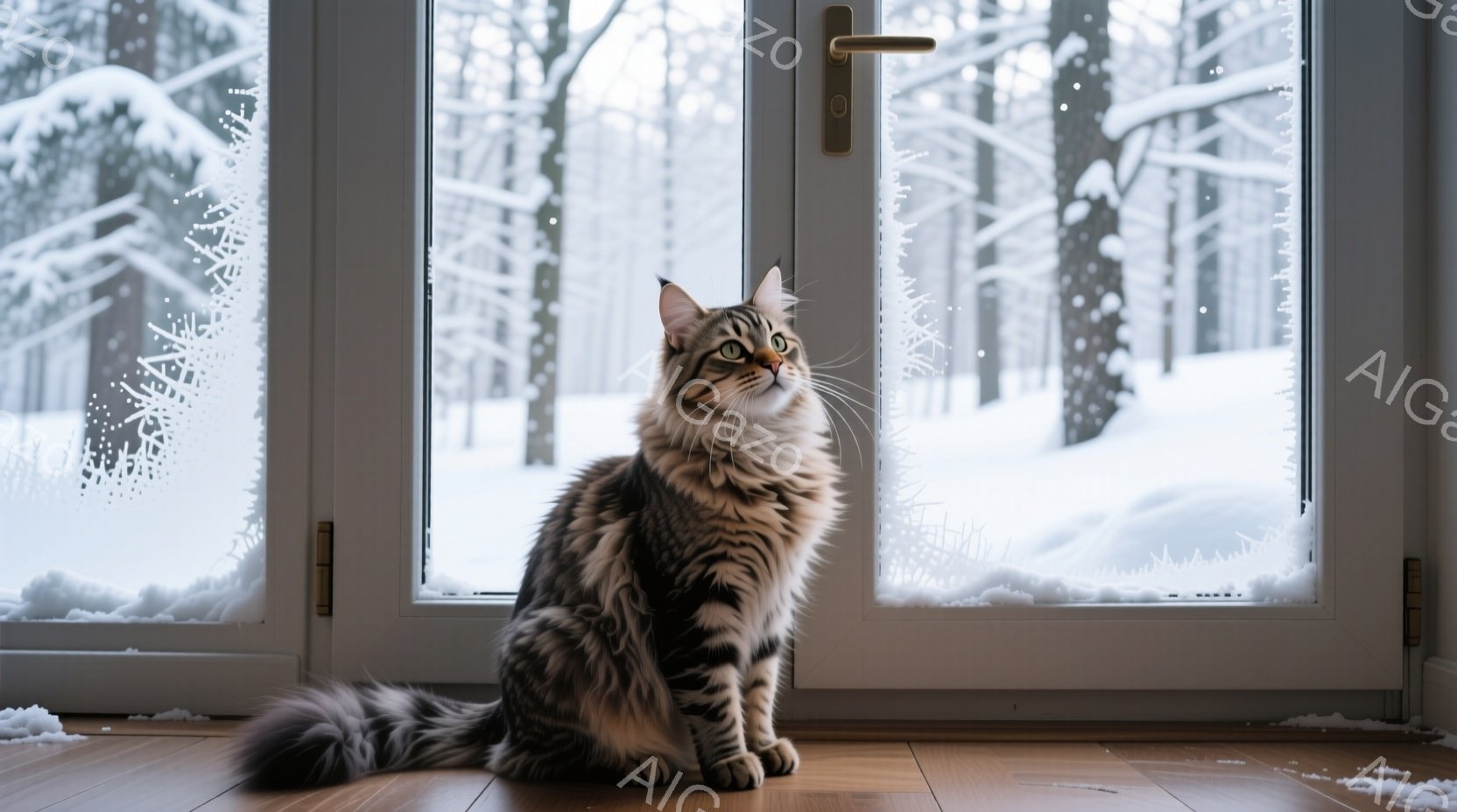 長毛の縞模様の猫が、雪景色を眺めるように窓辺に座っている。窓の外は雪に覆われた森林で、白銀の世界が広がっている。室内は木製の床で、暖かく穏やかな雰囲気が漂っている。 - AI生成フリー素材