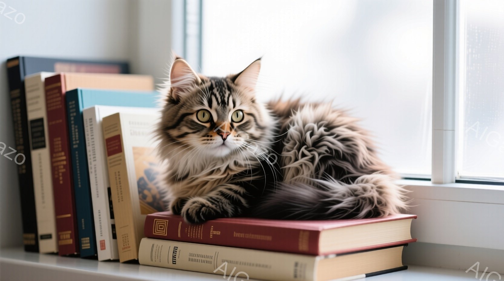 長い毛並みの茶トラ猫が、積み重ねられた本の上に丸まって座っています。窓辺に置かれた本棚の一部で、猫はリラックスした表情でこちらを見ており、日の光が柔らかく照らされています。全体的に、落ち着いた暖かさを - AI生成フリー素材