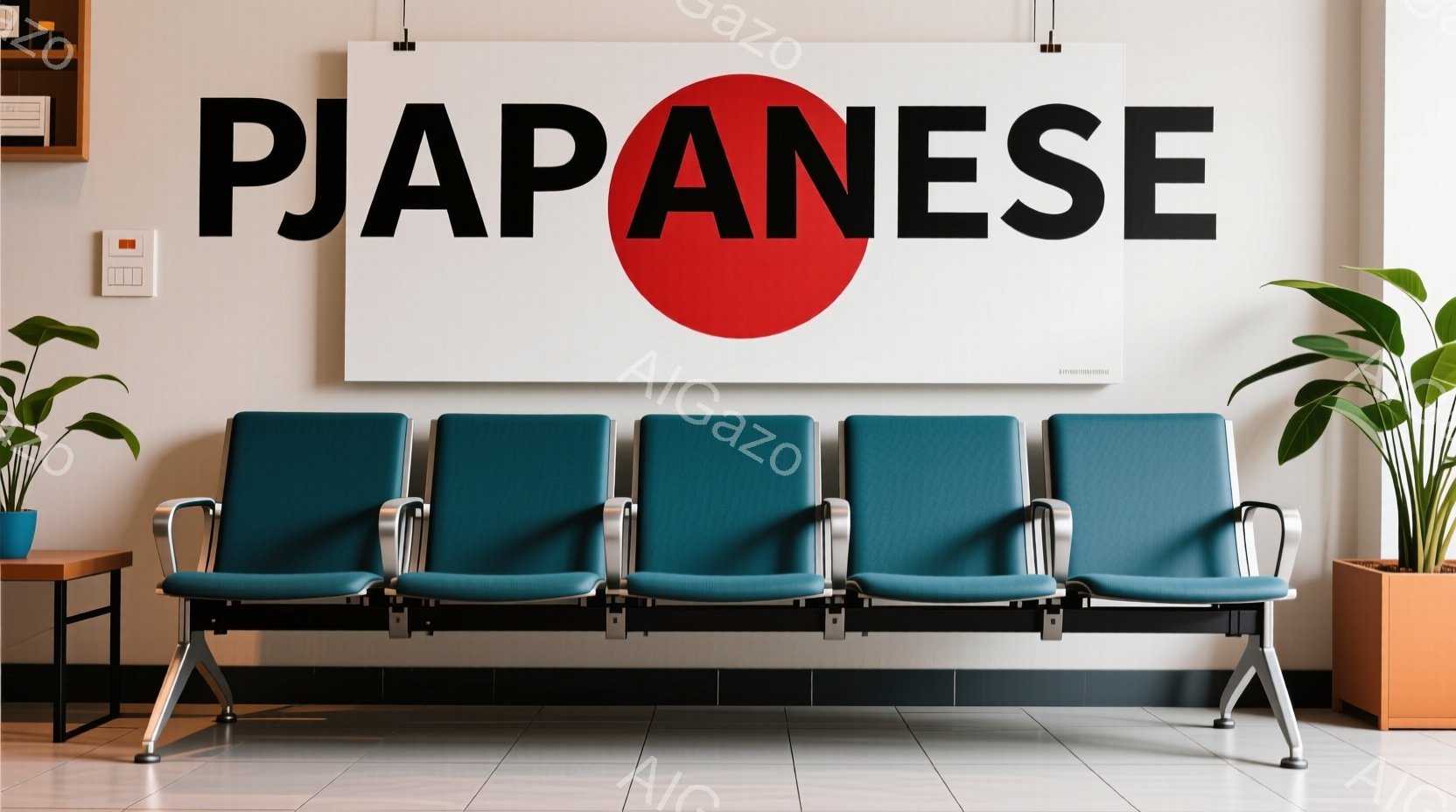 待合室には、ターコイズブルーの座席が四脚並んでおり、ステンレス製のフレームが光っています。背景には、大きな赤い円が描かれた白い壁があり、簡素で清潔な印象を与えます。左右には観葉植物が置かれ、室内が明るく、リラックスした雰囲気です。