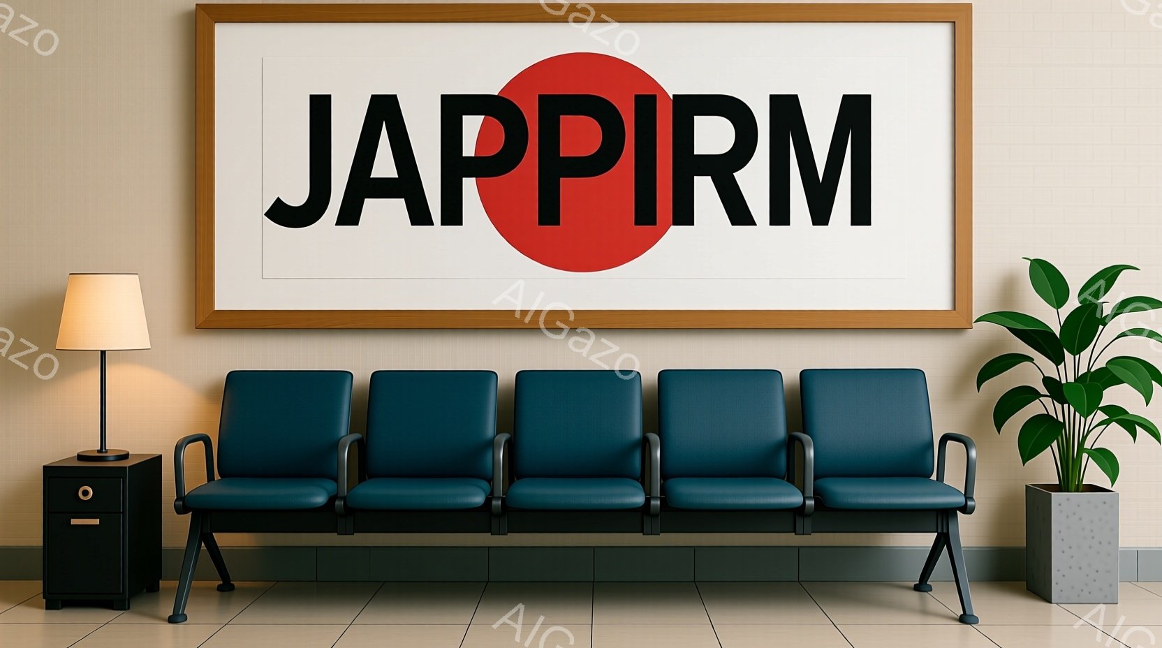 明るいベージュ色の壁を背景に、青い座席が四脚並んで配置されています。座席の隣には小さなテーブルとランプ、そして観葉植物が置かれ、待合室のような落ち着いた雰囲気を醸し出しています。壁には大きな赤い円の中 - AI生成フリー素材