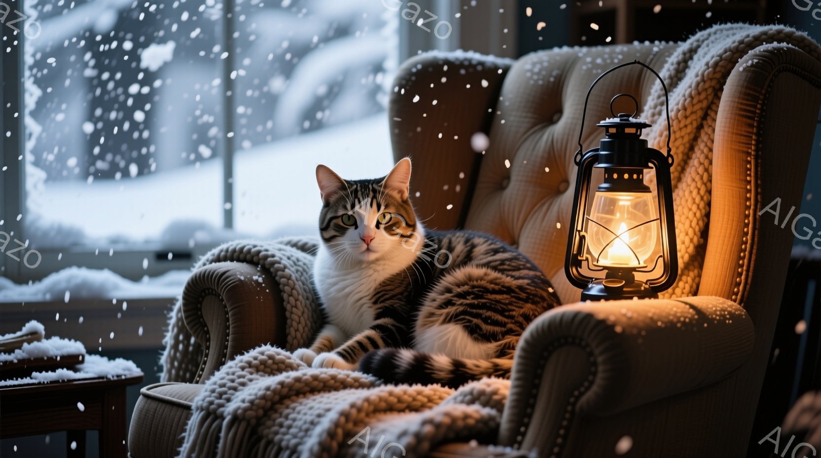 縞模様の猫が、暖かい茶色の肘掛け椅子にゆったりと座っています。椅子の周りにはオフホワイトのニットブランケットがかけられ、背景には雪が降る窓と、ぼんやりと見える家具があります。オイルランタンが猫の隣に置 - AI生成フリー素材
