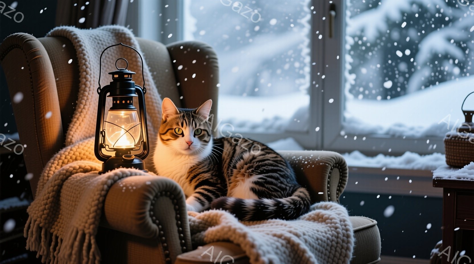 縞模様の猫が、厚手の毛布がかけられた肘掛け椅子でゆったりとくつろいでいます。窓の外は雪景色で、暖炉のようなランプが猫を照らし、冬の穏やかな雰囲気を醸し出しています。部屋には木製のサイドテーブルがあり、 - AI生成フリー素材