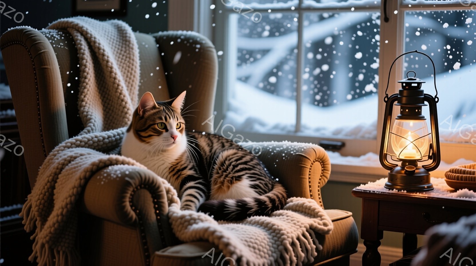 縞模様の猫が、柔らかいクリーム色の肘掛け椅子の背もたれに体を預けて横たわっています。窓の外は雪が降り積もり、暖炉の光が灯る小さなテーブルの上にはランタンが置かれています。全体的に暖かく、穏やかな冬の日 - AI生成フリー素材