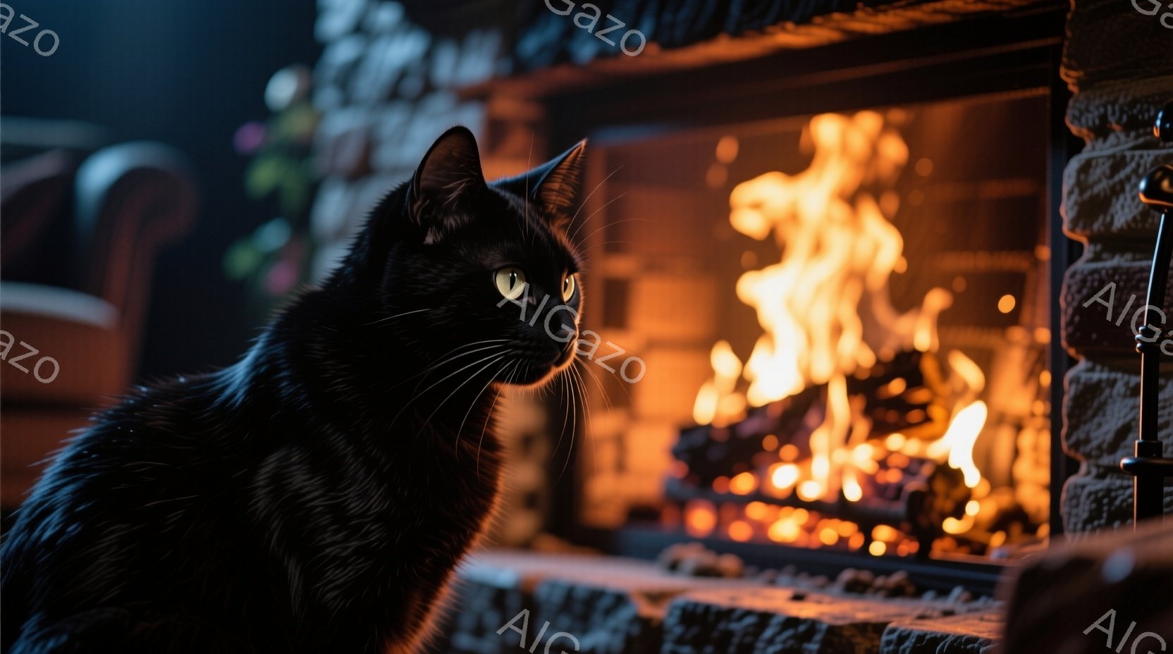 黒猫が暖炉のそばでこちらを見つめています。猫の目は緑色で、その毛並みは滑らかで艶やかです。背景には燃え盛る暖炉があり、部屋全体を暖かく照らしています。