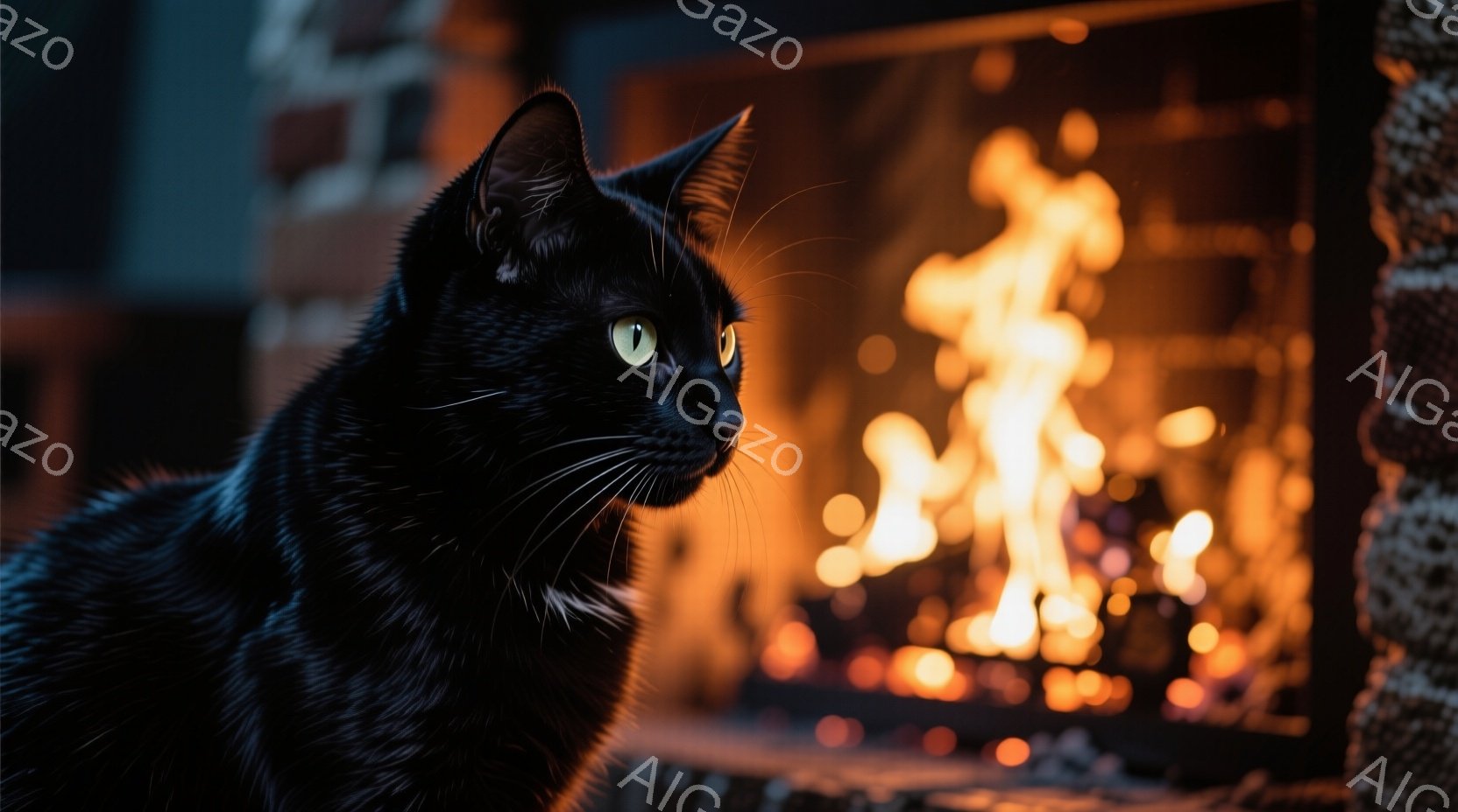 黒猫が暖炉の炎を見つめている姿が捉えられている。猫は少し白い胸元を持っており、鋭い緑色の瞳が印象的だ。背景には暖炉の石造りの壁と、燃え盛る炎があり、温かく居心地の良い雰囲気を醸し出している。 - AI生成フリー素材