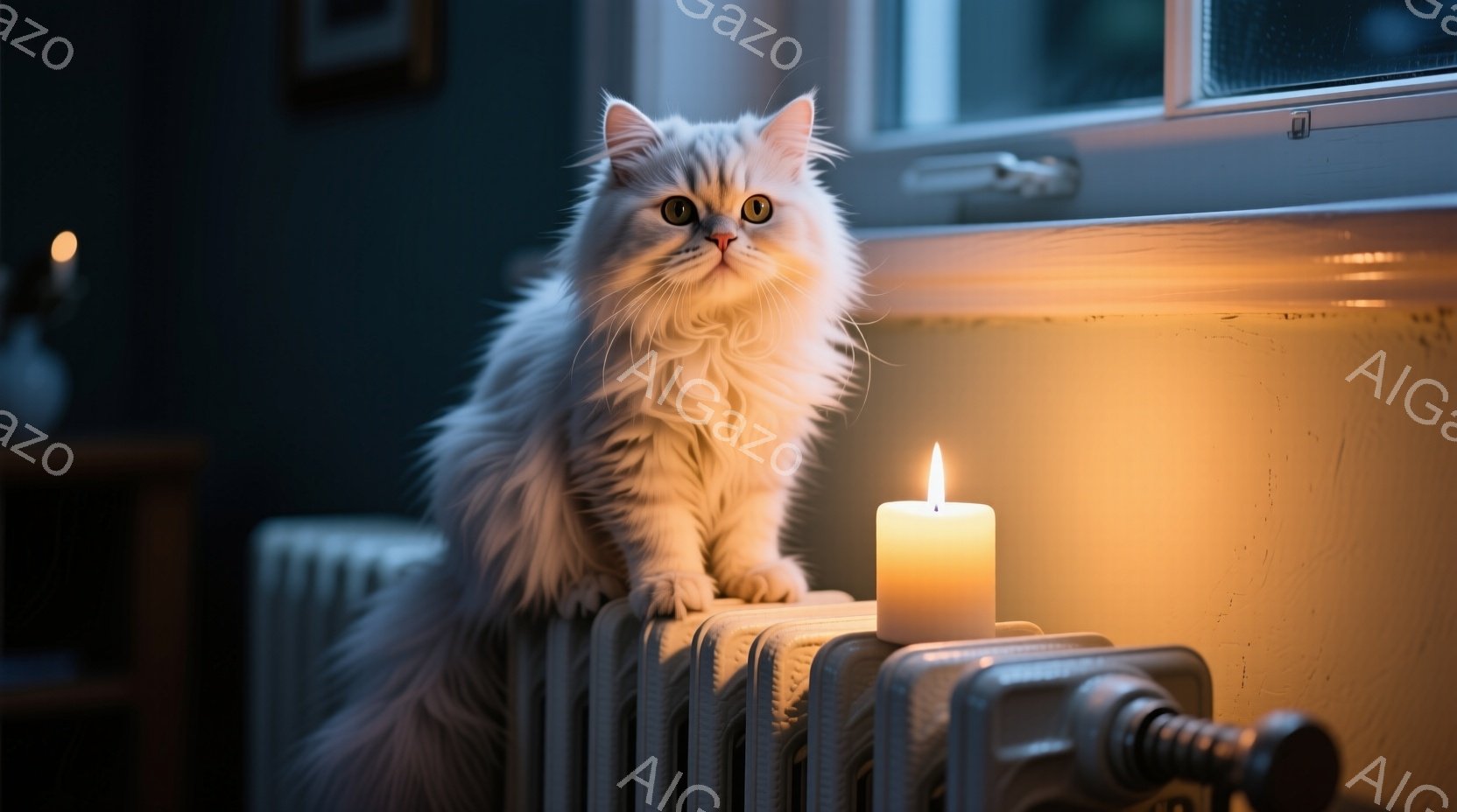 ふわふわの白い長毛の猫が、暖房器具の上で静かに座っています。キャンドルの優しい光が猫を照らし、その緑色の瞳が印象的です。背景にはぼやけた家具と窓が見え、全体的に暖かく穏やかな雰囲気が漂っています。