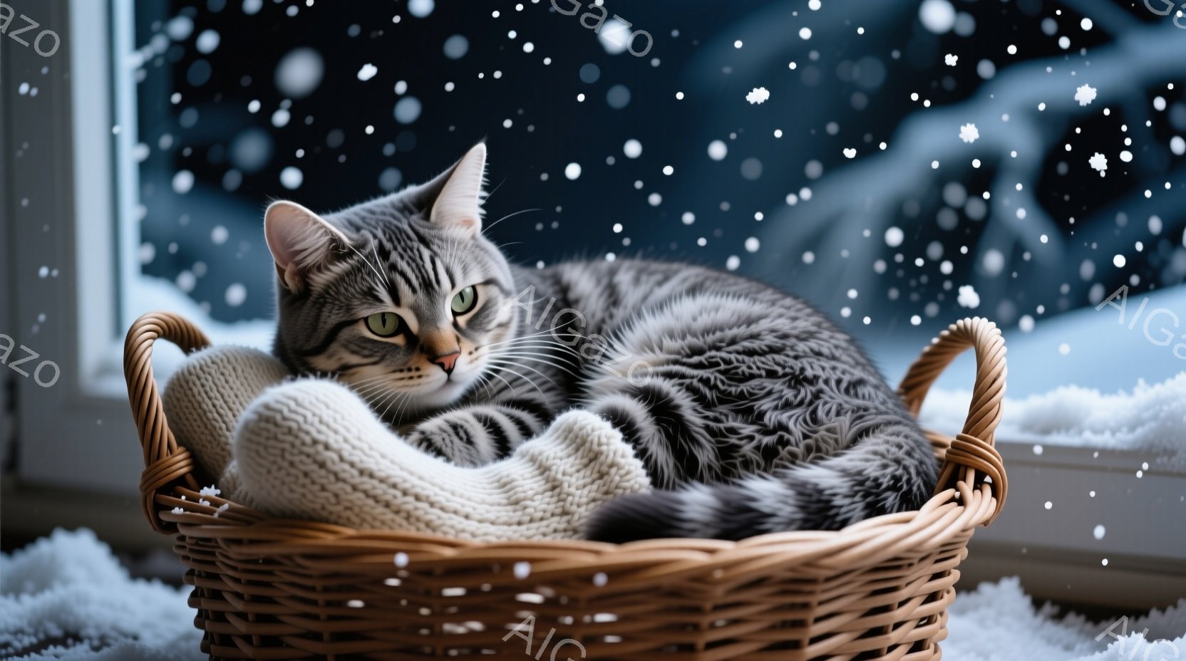 縞模様の猫が、編み物の靴下が入った籐の籠の中で丸まって眠っています。外は雪が降り積もり、窓の外の景色は白くぼやけています。全体的に暖かく、穏やかで、冬の静寂を感じさせる雰囲気です。 - AI生成フリー素材