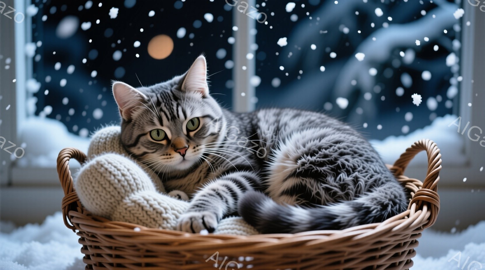 縞模様の猫が、手編みの白い靴下と一緒に籐の籠の中に横たわっています。背景には雪が降り積もる夜の風景が見え、暖かく落ち着いた雰囲気が漂っています。猫はリラックスした表情で、穏やかな冬の夜を象徴しています。