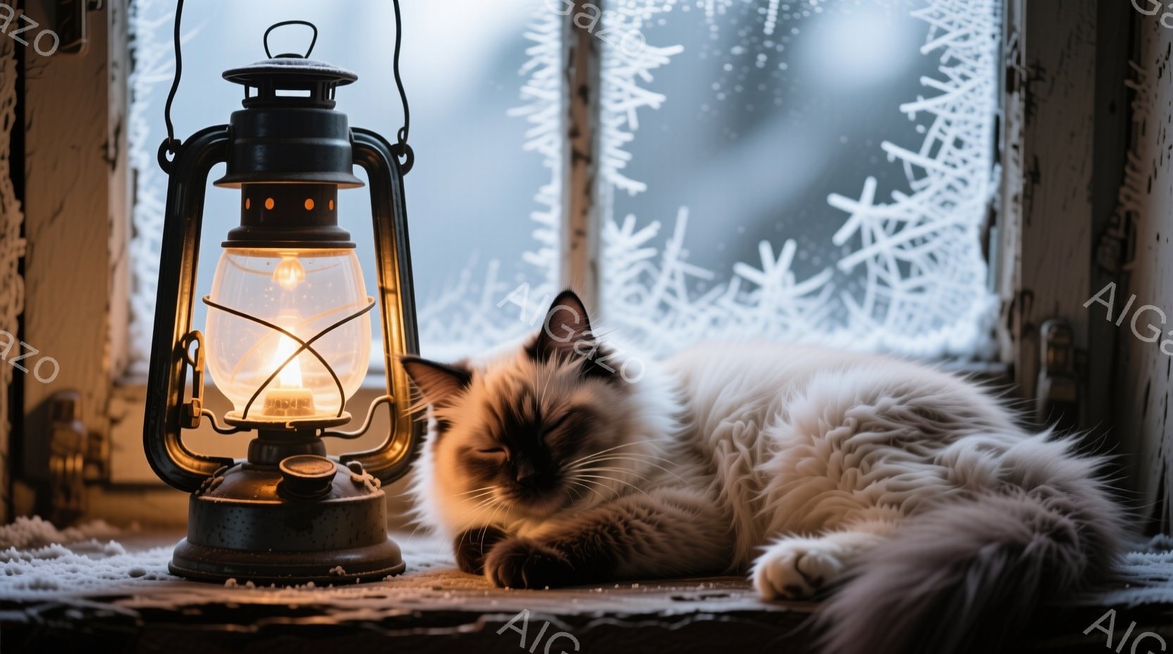 白い毛並みを持つシャム猫が、古びた窓辺で丸まって眠っている。傍らには、温かい光を放つ古いランタンが置かれ、雪景色がぼんやりと見える背景と相まって、静かで穏やかな冬の雰囲気を醸し出している。猫の表情は安 - AI生成フリー素材