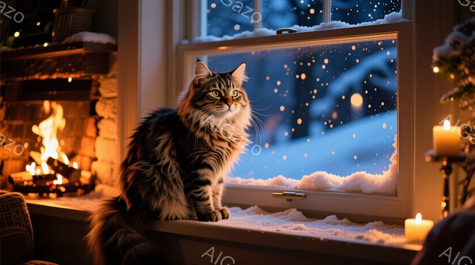 長毛の猫が窓枠に座り、雪景色を見つめている。暖炉の火が赤く灯り、キャンドルの優しい光が猫を照らし、室内は温かく安らぎに満ちている。雪が舞う外の風景と室内の温かさが対比的で、静かで穏やかな冬の雰囲気を伝えている。