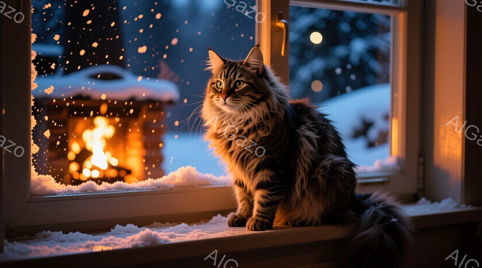 長毛の猫が窓枠に座り、外の雪景色を見つめている。窓の外は雪が降り積もり、遠くにぼんやりとした建物や木々が見え、暖炉の火が窓辺をオレンジ色に染めている。全体的に暖かく、冬の静けさと猫の落ち着いた雰囲気が - AI生成フリー素材